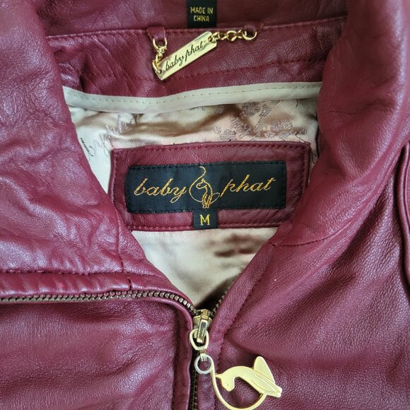Baby Phat Woman Genuine Red Leather Jacket Size Medium Moto Logo y2k Vintage - Picture 6 of 9
